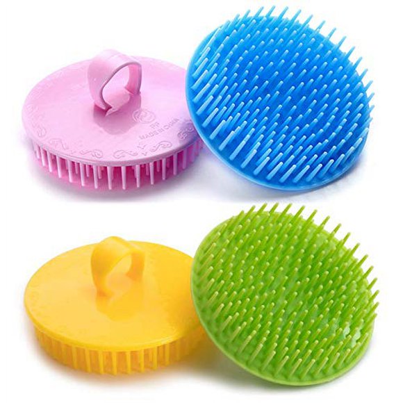 Cepillo para el cuero cabelludo, cepillo para limpiar la caspa, champú para el cuero cabelludo, cepillo para el cuero cabelludo, masajeador, paquete de 4 (azul, verde, amarillo y rosa)