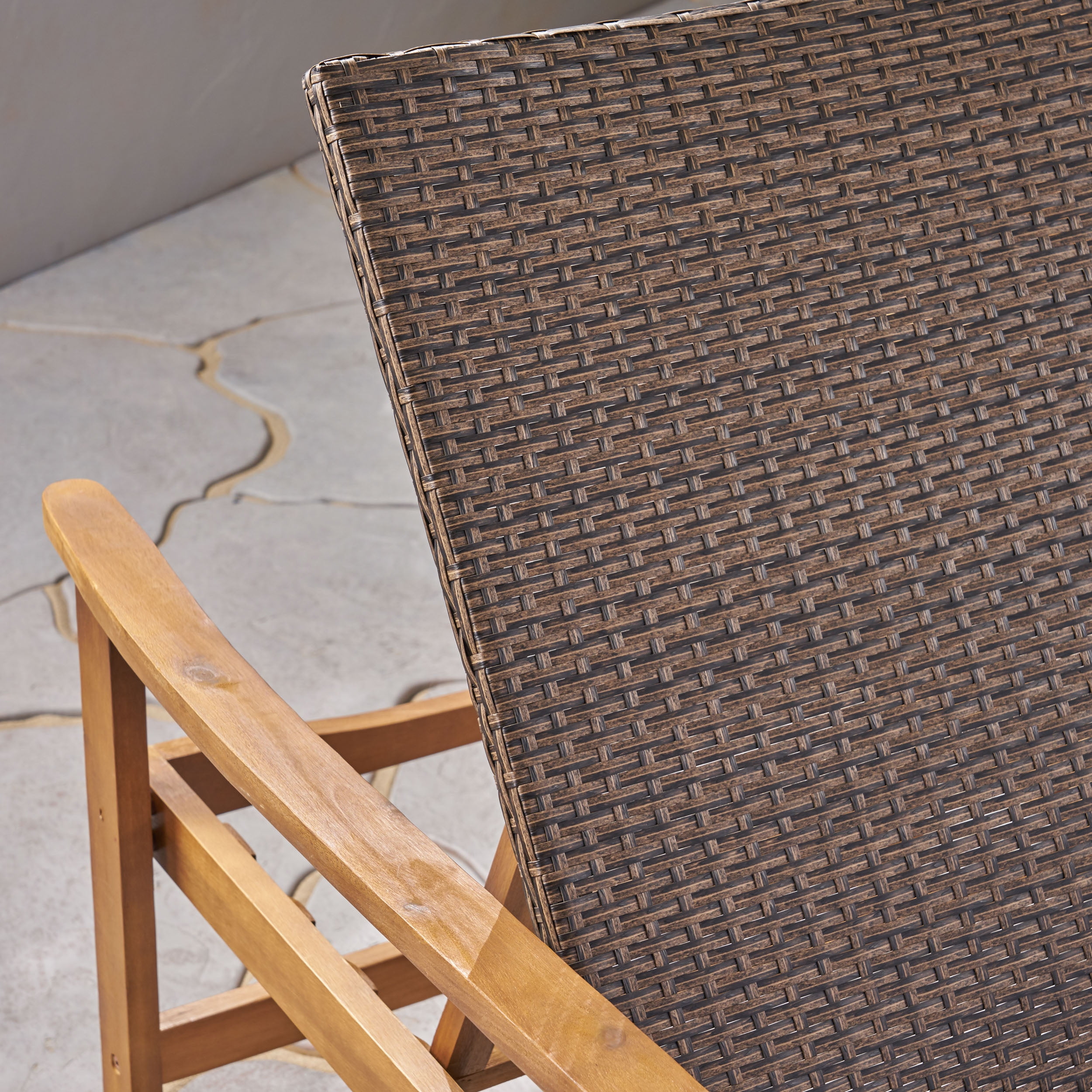 Camdyn Outdoor Rustic Acacia Wood Chaise Lounge with Wicker Seating, Natural and Gray