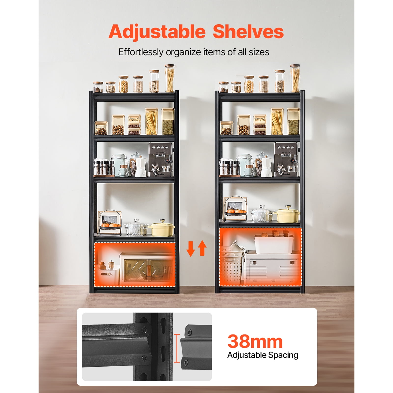 KFFKFF Organizing Racks, 2000 lbs Capacity, Five-Level Garage Storage System, Dimensions 16" D x 32" W x 72" H, Adjustable Iron Shelves for Utility Rack, Suitable for Kitchen, Warehouse, Black