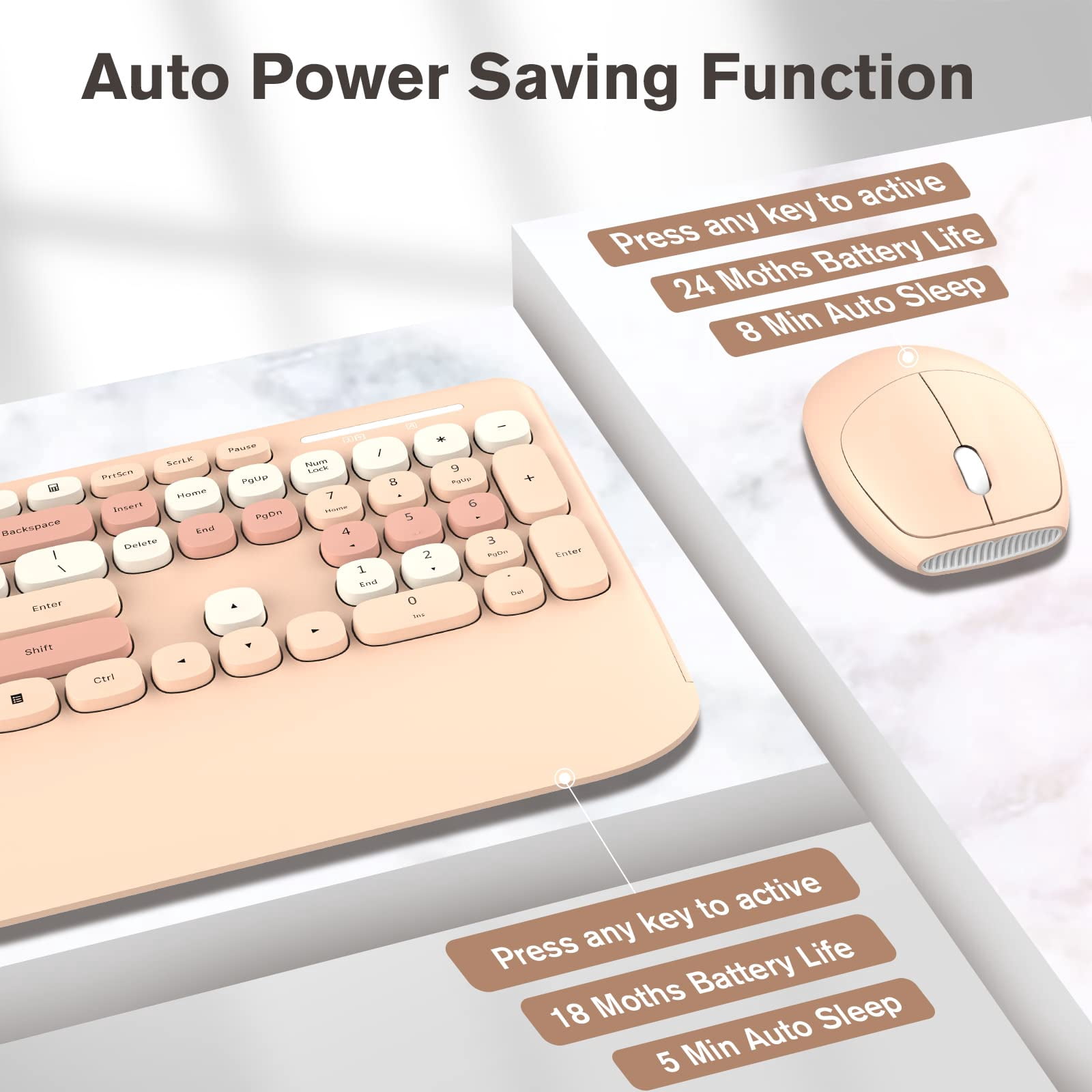 RaceGT Wireless Keyboard and Mouse Combo, Ergonomic Keyboard with Wrist Rest, Sleep Mode, Silent 2.4GHz Cordless Keyboard Mouse Combo for Computer, Laptop, PC, Mac, Windows - Cute Brown, Milk Tea