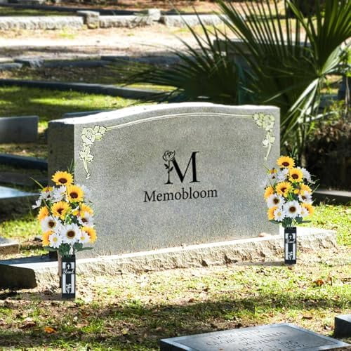 Artificial Cemetery Flowers for Grave: 2 Pcs Yellow White Sunflower Grave Flower Bouquets for Cemetery Decorations - Fall Outdoor Gravesite Flowers with Vase$$Home Decor, Kitchen, & Other
