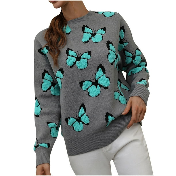 Suéteres Para Mujer Suéteres de Otoño Manga Larga de Moda Cuello Redondo Estampado de Mariposa Tops Sueltos Blusa Suéter de Punto Odeerbi ODB132186