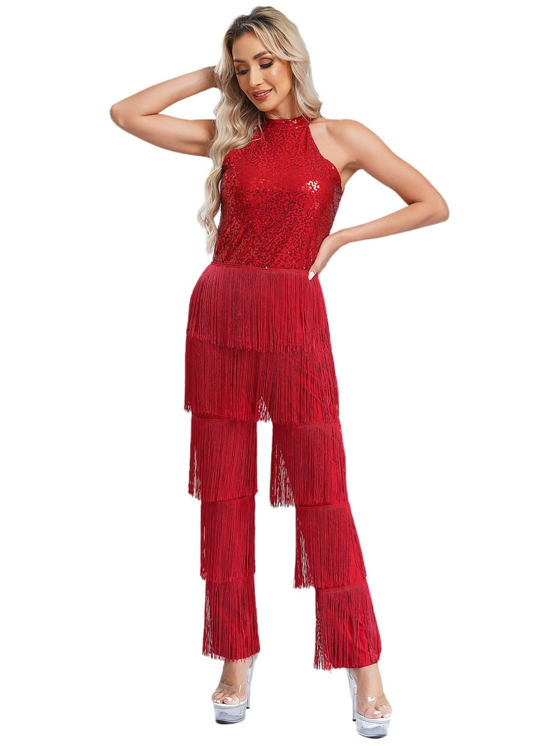 vastwit Women's Shiny Sequins Fringe Jumpsuit Halter Latin Salsa