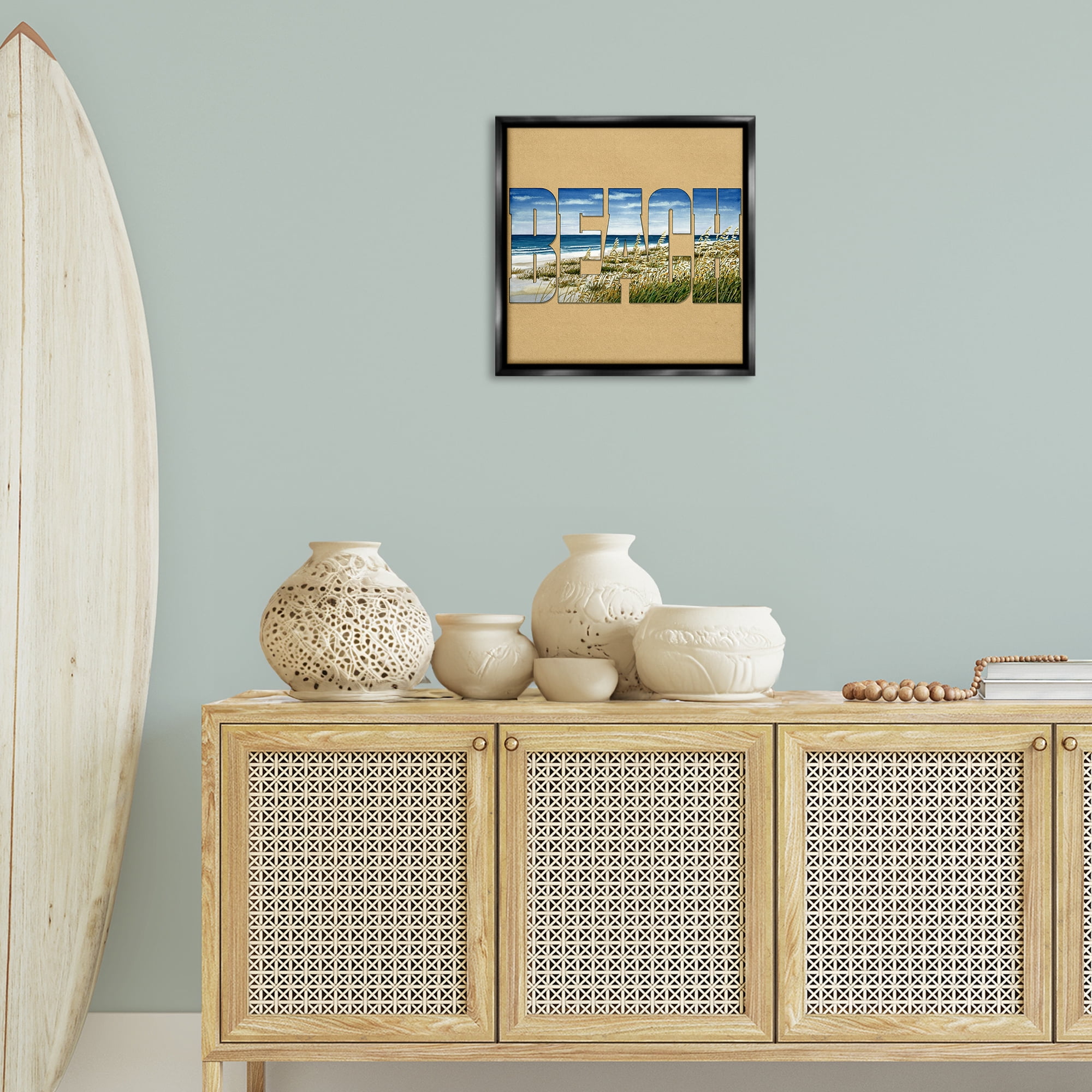 Stupell Industries Grassy Beach View Letters Nautical & Beach Painting Black Floater Framed Canvas Art Print Wall Art, 18 x 18