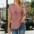 thumbnail image 2 of QIUOMBBP Summer Tops for Women Casual Short Sleeve Cotton Linen Shirts Button V Neck Tunic Blouses Beach Outfits, Pink, L, 2 of 6