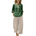 thumbnail image 2 of ClodeEU Women's Embroidered Linen Blend 3/4 Sleeve Boho Set,Casual Solid Color Wide Leg Pants Two Piece Outfit Army Green,Women's Plus L, 2 of 8