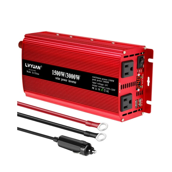 LVYUAN 1500W Car Power Inverter 24V to 110V DC to AC with 2 US Sockets, Cigarette Lighter, LED Display, USB Ports for Car, Home,Truck, Outdoor, Camping