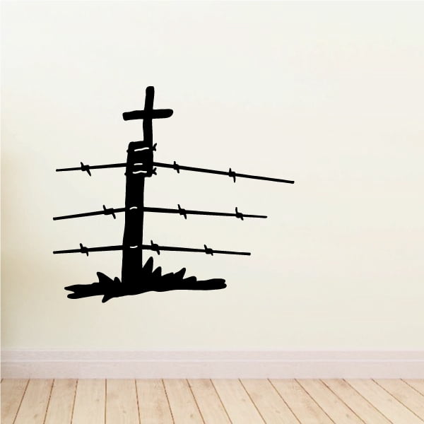 Cross on Barbed Wire Fence Decal 36 Inches