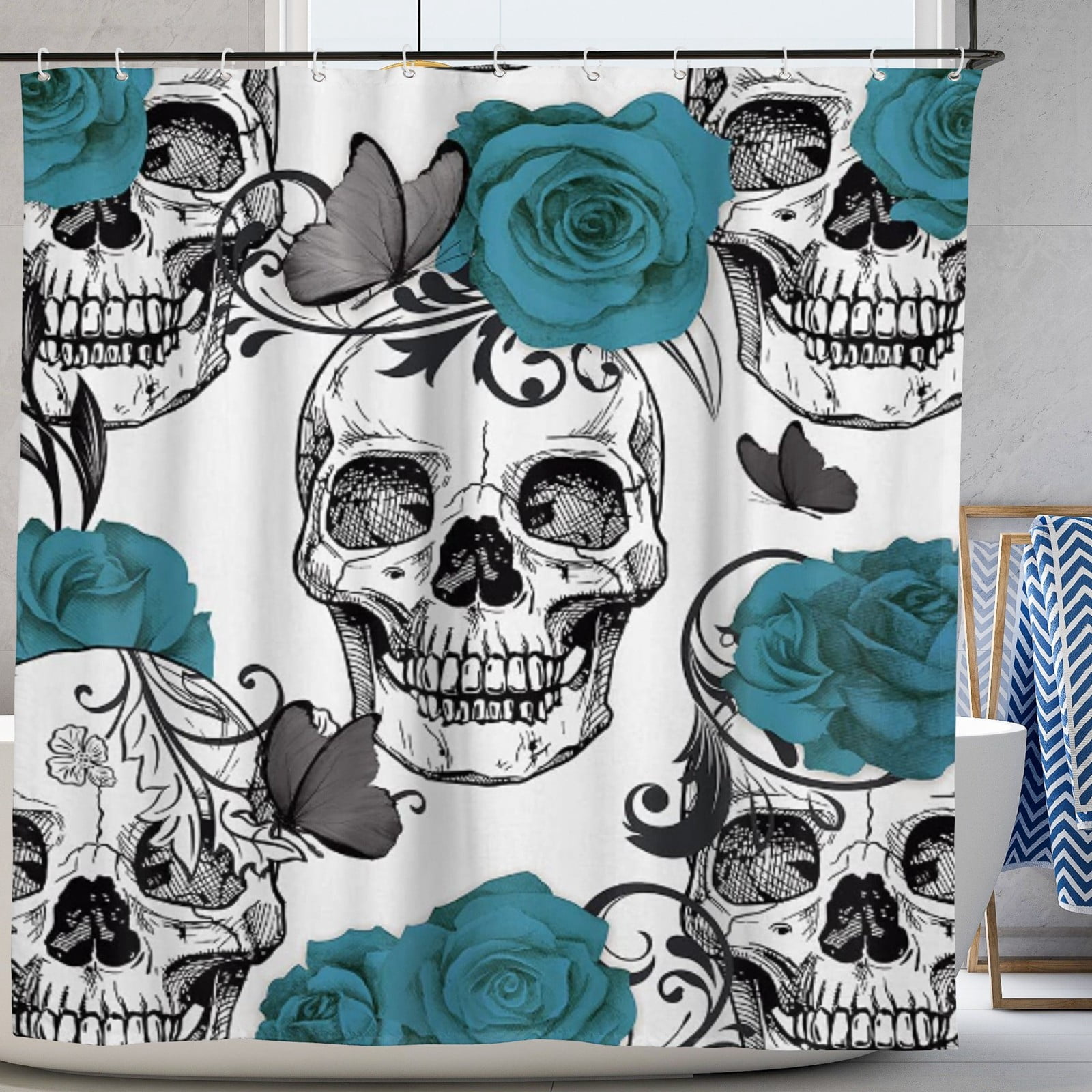Details about   Halloween Spooky Skull Ghost Black White Waterproof Fabric Shower Curtain Set 