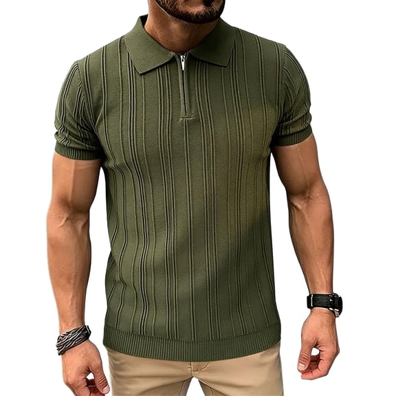 LEKWK Mens Collared Shirt Quarter Zip Vertical Ribbed Texture Short Sleeve Slim Fit Tops Stretch Dressy Casual Business Tees Office Summer Shirts Army Green M