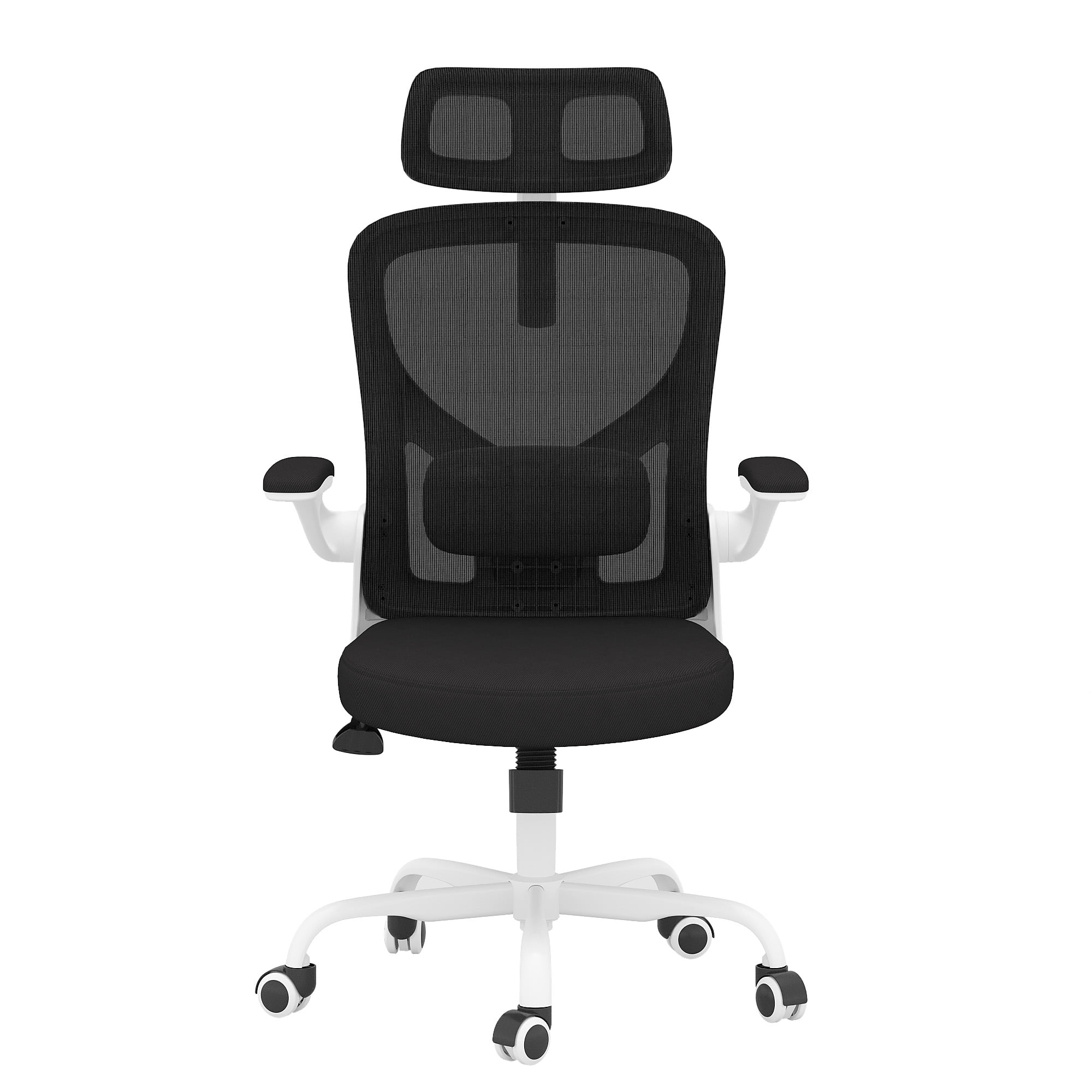 MAYEERTY Ergonomic Home Office Chair with Lumbar Support, Flip-Up Armrests, Headrest for Work & Study,White-black
