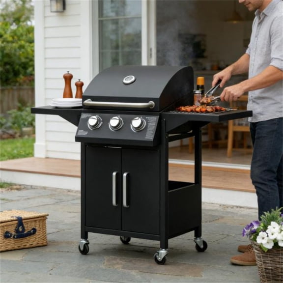Black Portable Outdoor Gas Grill with Side Shelves & Cabinet, Piezo Ignition, Thermometer, 2 Burners  RLB