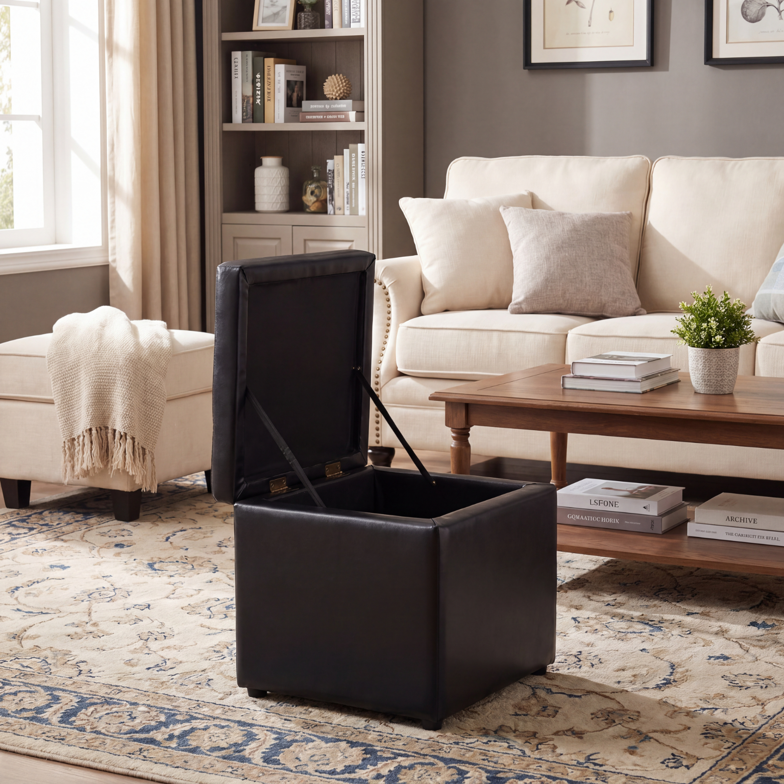 Furnibear Foldable Cube Ottoman Pouffe Storage Seat for Living Room Bedroom Entryway Storage Footrest Seat, Black