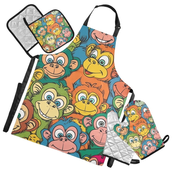 Colorful Monkeys 5 Pcs Kitchen Set Heat Resistant Oven Mitts and Non-Slip Pot Holders with Adjustable Cooking Apron