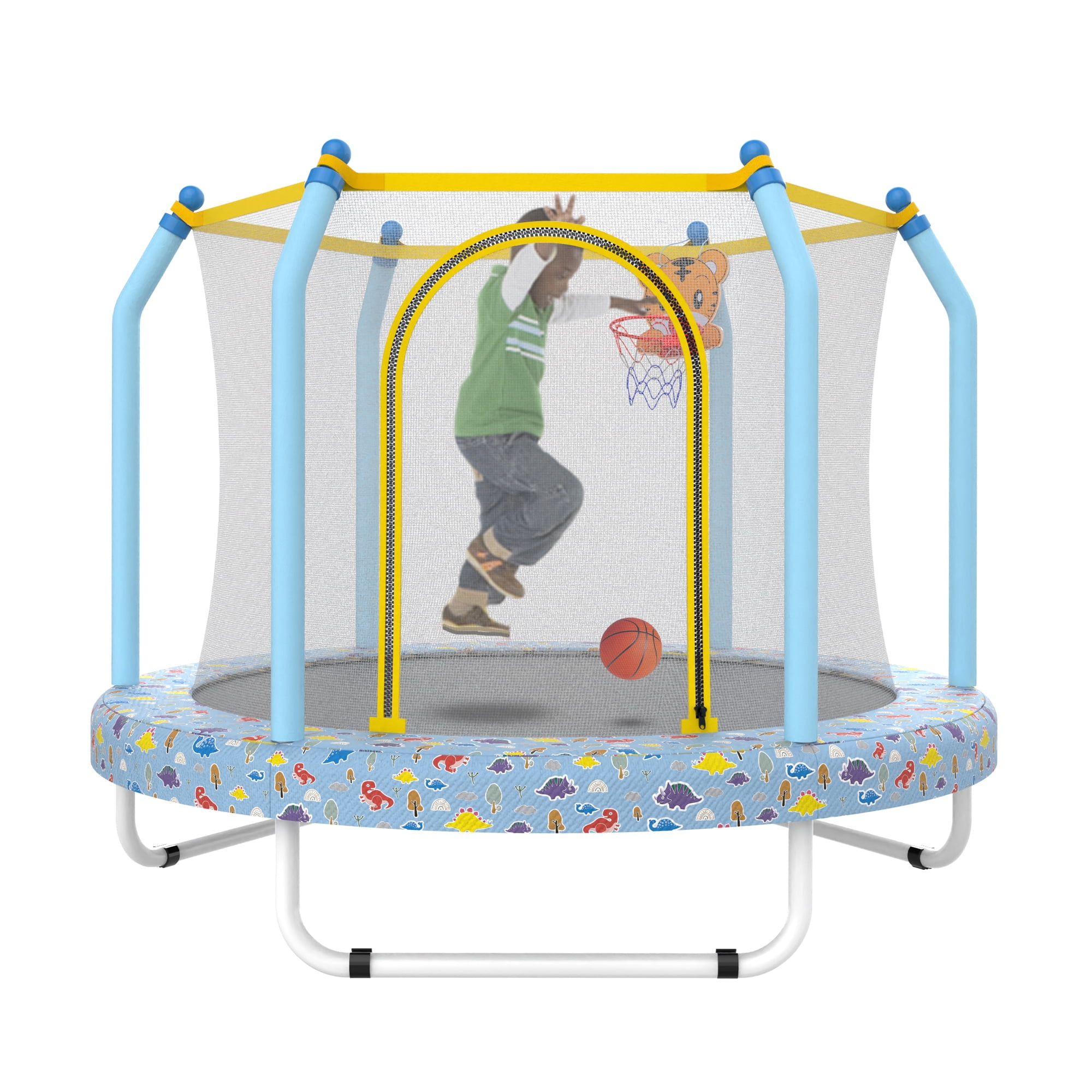55 Inch Printed Blue Kids Trampoline with Basketball Hoop, Indoor Outdoor Toddler Trampoline