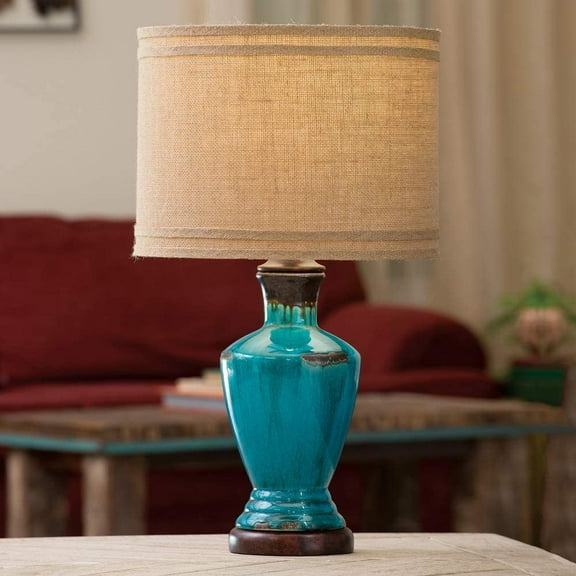 Turquoise River Table Lamp - Rustic Ceramic Lamp with Burlap Shade