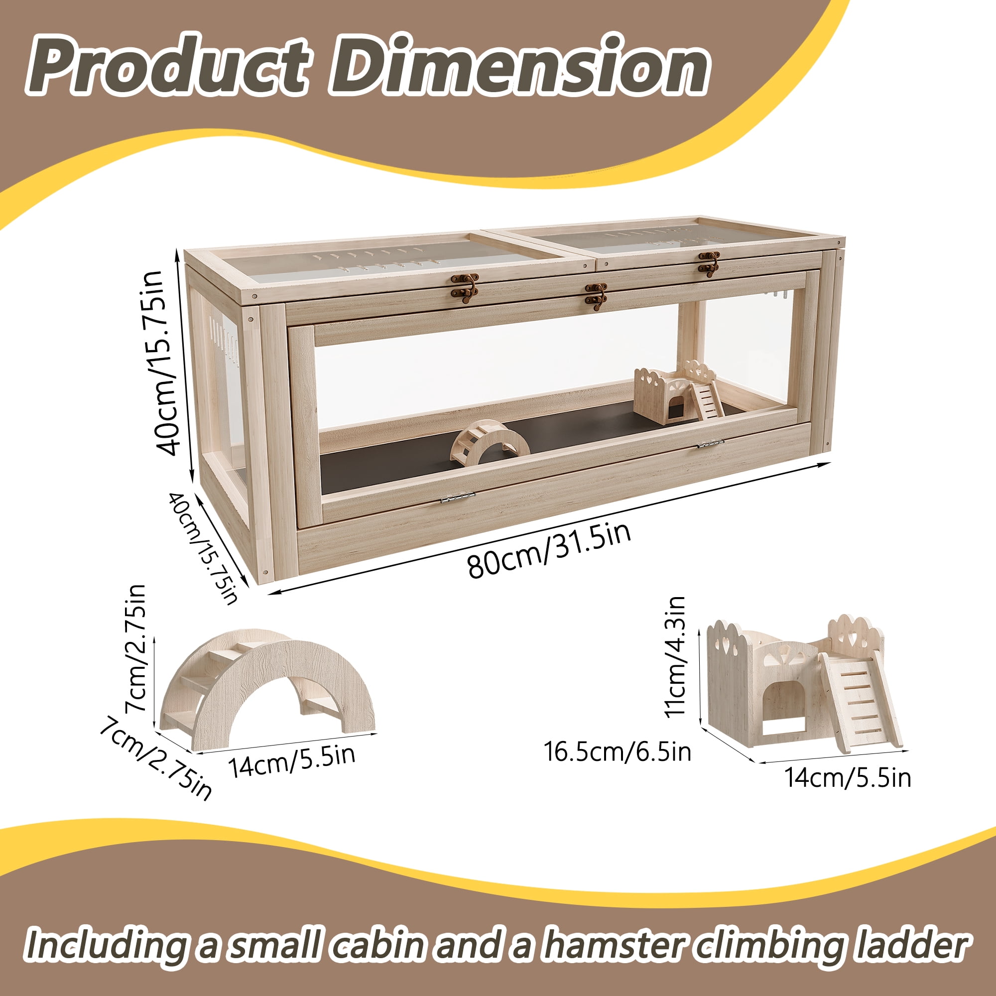 Wooden Hamster Cage, 31.5in Large Guinea Pig House with Stair & Bridge, Chewproof Solid Wood Habitat with Acrylic Ventilation Panels for Guinea Pigs, Chinchillas, Ferrets, Hamsters