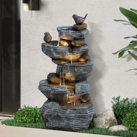 5-Tiers Cascading Rock Water Fountain Outdoor - Waterfalls Fountains with LED Lights, Outdoor/Indoor Resin Water Feature Fountain for Patio, Garden, Backyard, Deck, Porch, Home Art Docor
