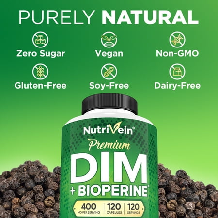 Nutrivein DIM Supplement 400mg Diindolylmethane Plus Bioperine - Maintain Hormone Balance with Estrogen, Progesterone and Testosterone for Menopause - Supports Acne and PCOS Treatment Men & Women