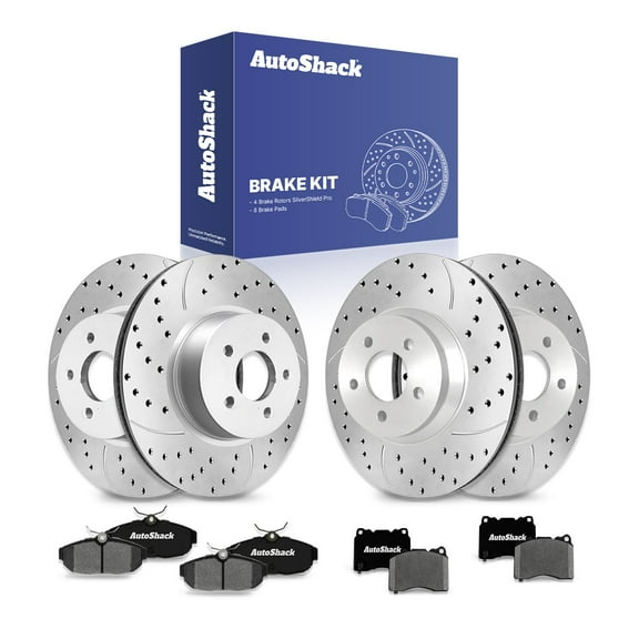 AutoShack Front Vented & Rear Vented Drilled & Slotted Silver Zinc Coated Brake Rotors   Ceramic Pads 12-PC Brake Kit Replacement for 2007 Ford Mustang SilverShield Pro