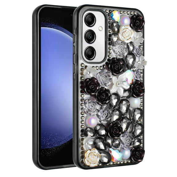 For Samsung Galaxy A55 5G / SM-A556 Diamond Rose 3D Design Raised lip Screen Camera Protection Shockproof Case Cover Black