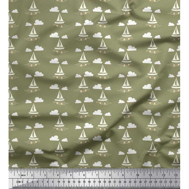 Soimoi Poly Georgette Fabric Cloud,Fish & Yacht Nautical Fabric Prints by Yard 52 Inch Wide