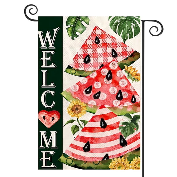 DMERBYL Summer Watermelon Sunflower House Flag Double Sided 12x18 Inch, Buffalo Plaid Dot Striped Watermelon Welcome Burlap Flag Burlap Vertical Seasonal Farmhouse Yard Outdoor Decoration (Large)