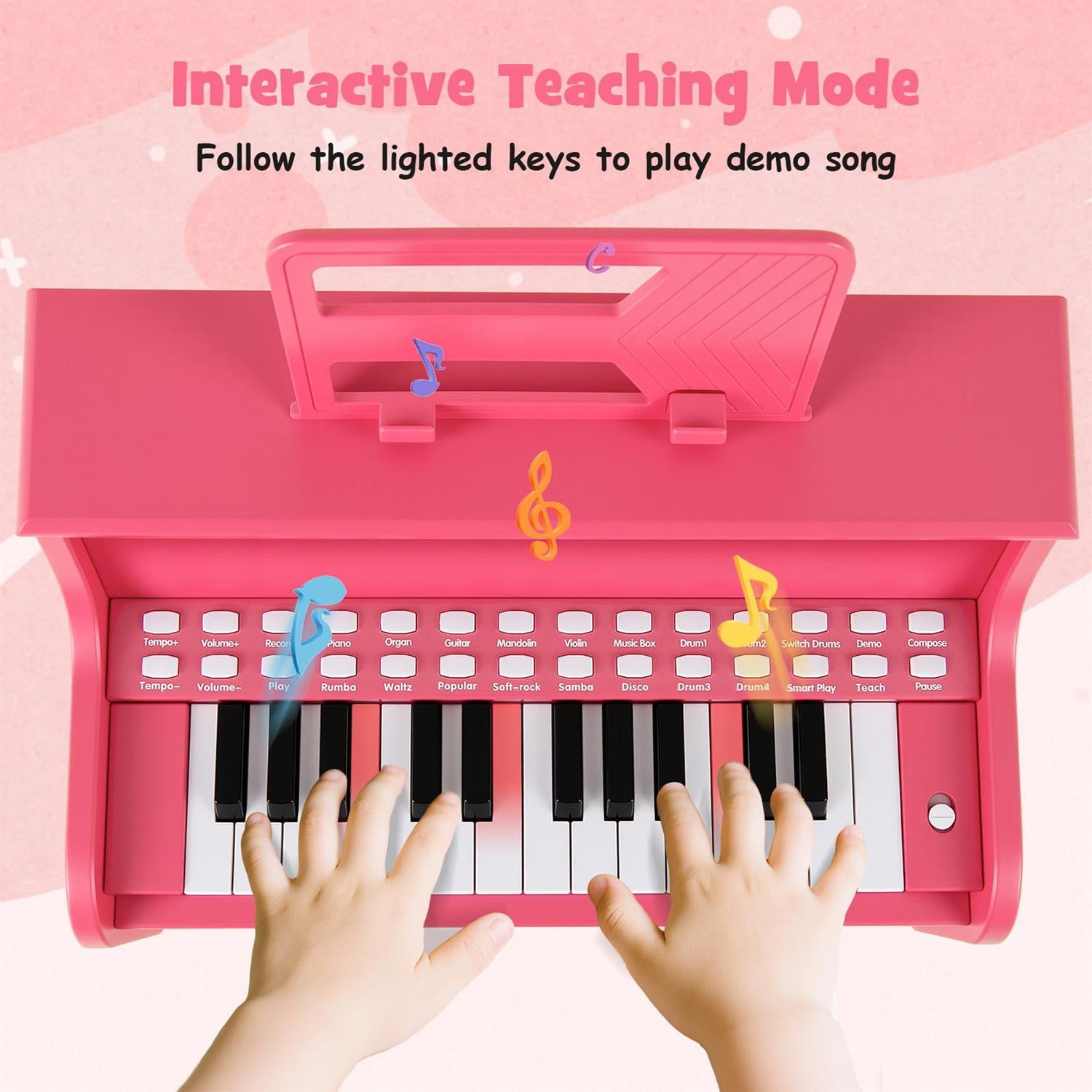 Demi Bonn Pink 25-Key Piano with Stool, Music Enlightenment, Adjustable Speed & Volume, Record/Playback