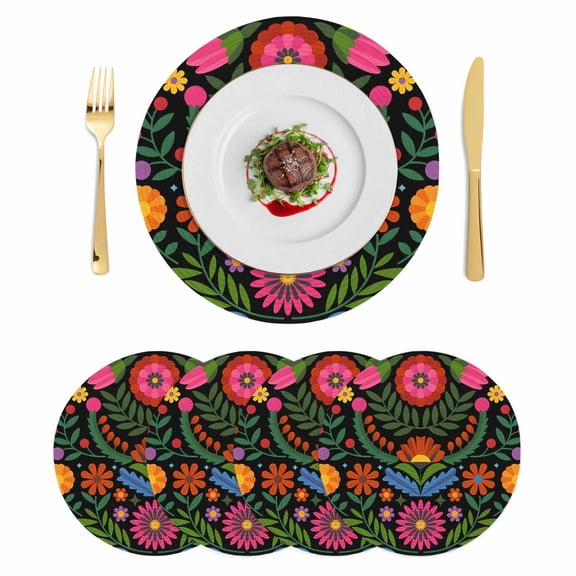 Bohemian Round 15 Inch Placemats Set of 4, Red Green Tribal Mexican Abstract Flower HeatResistant Non Slip Place Mats for Dining Table, Wipeable Braided Kitchen Table Mats for Housewarming