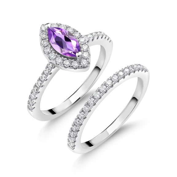 Gem Stone King 925 Sterling Silver Ring Marquise Purple Amethyst and Moissanite (0.93 Cttw, Size 7)