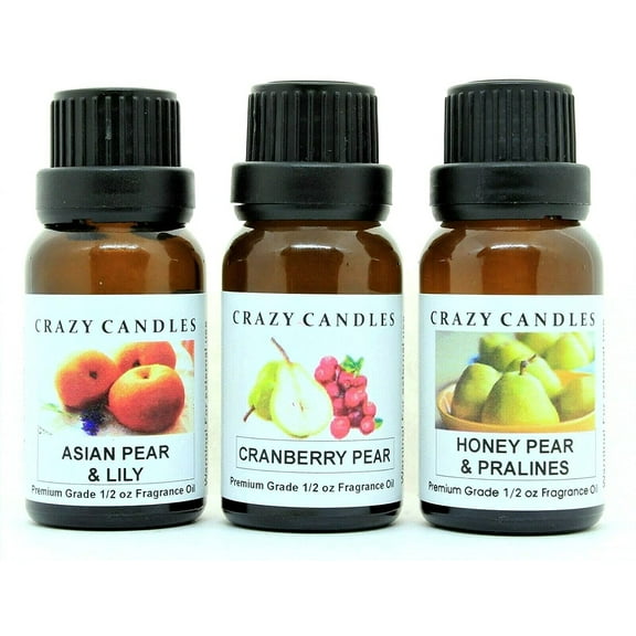 Crazy Candles 3 Bottles Set, 1 Asian Pear & Lily, 1 Cranberry Pear, 1 Honey Pear & Pralines 1/2 Fl Oz Each (15ml) Premium Grade Scented Fragrance Oils