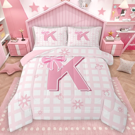 Homewish Cartoon Initial K Letter Bedding Comforter Set, Pink Bowknot Monogrammed Twin Comforter Sets, Square Buffalo Reversible Bedding Set, Breathable Home Decor, 2-Piece