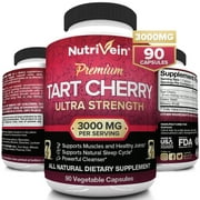 Nutrivein Tart Cherry Capsules 3000mg - 90 Vegan Pills - Antioxidants, Flavonoids - Supports Uric Acid Cleanse, Anti Inflammatory, Muscle Recovery, Joint Pain, Healthy Sleep, Juice Extract Supplement