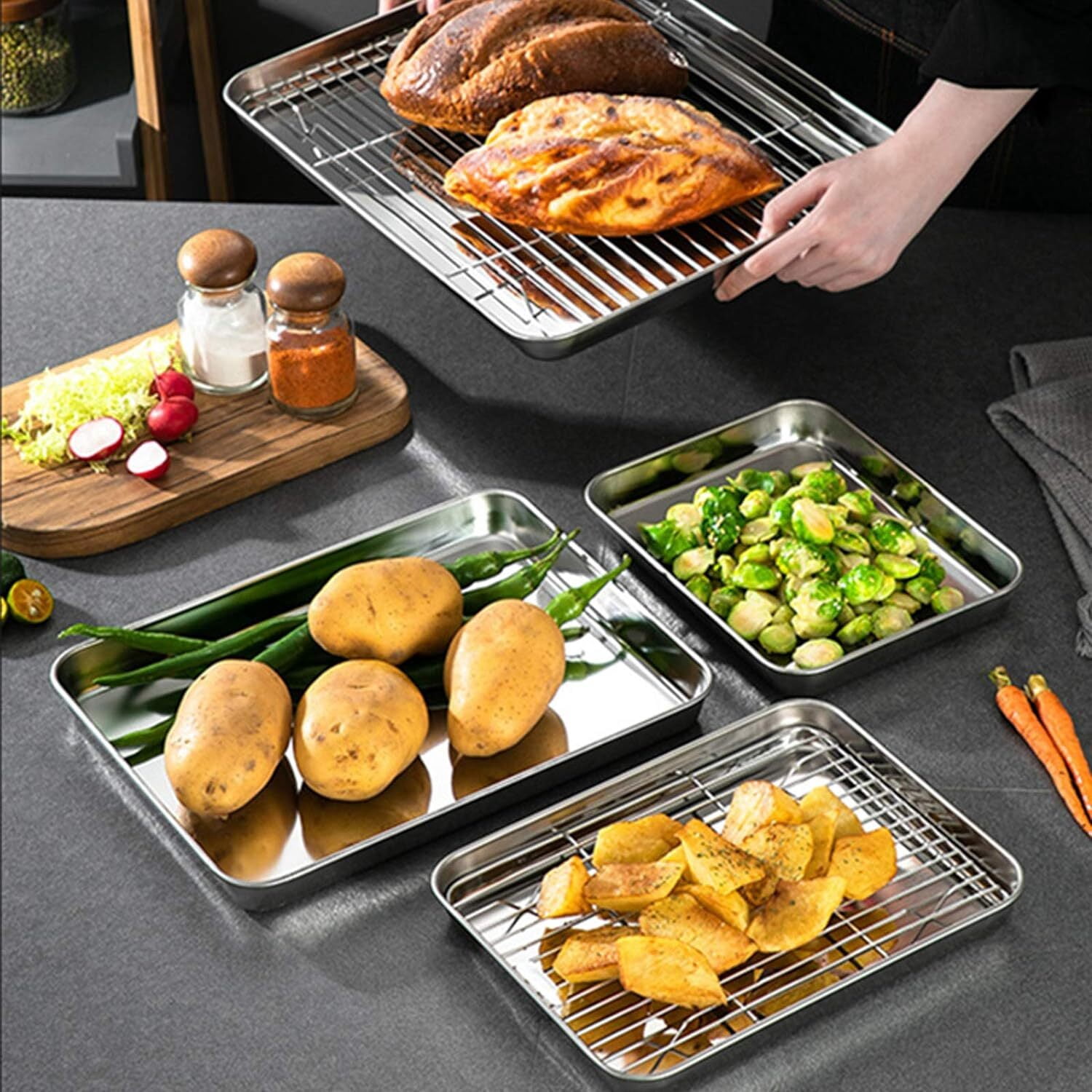 Baking Sheet Set of 2, Food Grade Stainless Steel Baking Pan, Professional Bakeware Oven Tray, Healthy & Non-toxic, Easy Clean & Dishwasher Safe (10 x 7.9 x 1 Inch)
