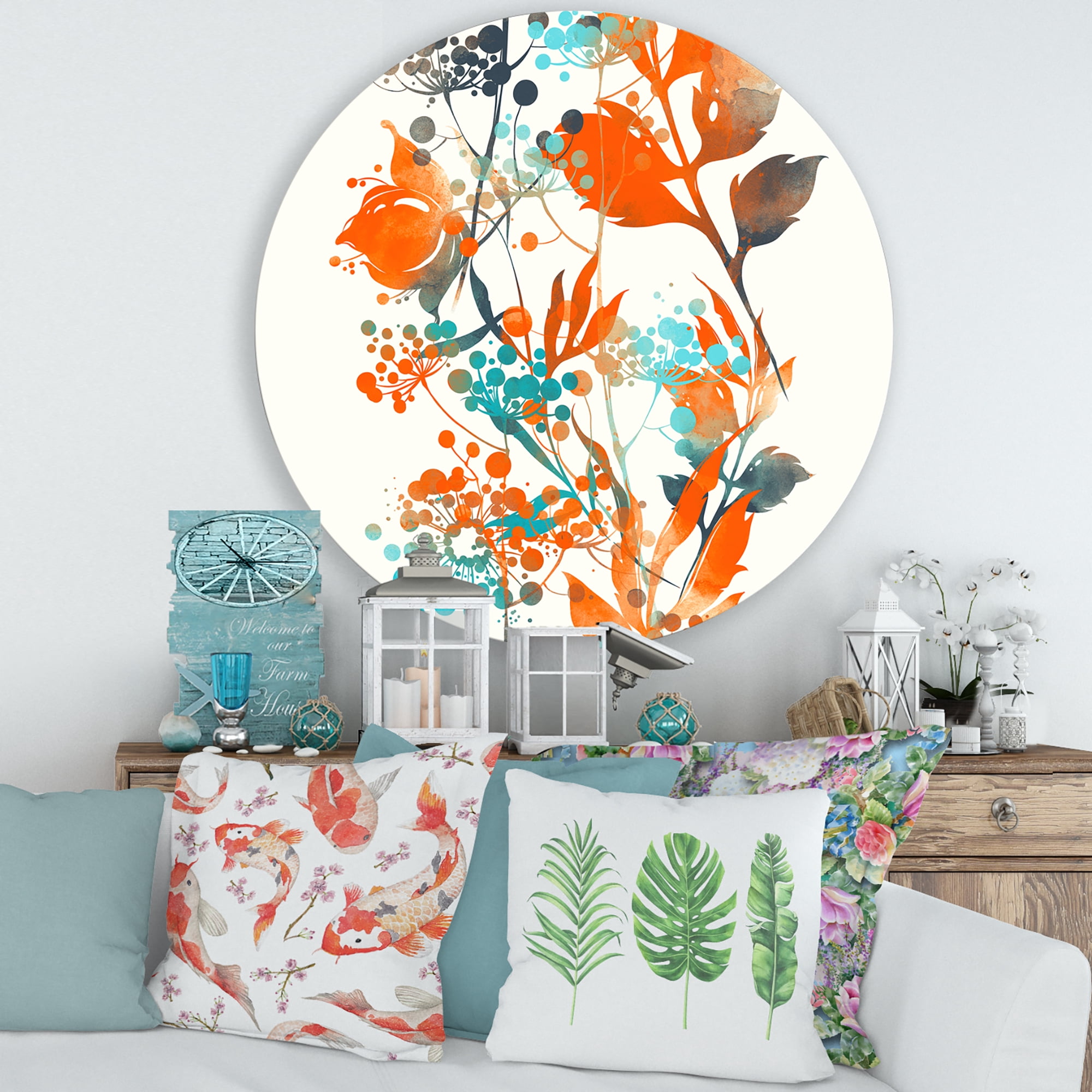 Designart 'Orange and Green Wildflowers III' Modern Circle Metal Wall Art 36x36 - Disc of 36