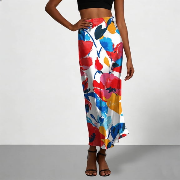 Qulqfy Womens Summer Maxi A-Line Long Skirts Boho High Waisted Wrap Flowy Stretchy Multicolor Skinny Skirts for Women L