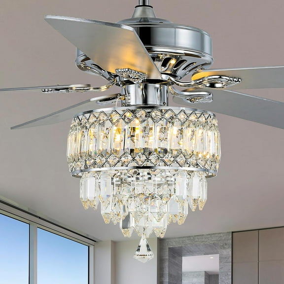 52" Crystal Chandelier Ceiling Fan with Light and Remote, Modern Ceiling Fan with 5 Reversible Blades, Silent Motor, 3 Speed, 4 Timing Options, Chrome
