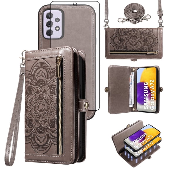 Asuwish Detachable Magnetic Zipper Wallet Phone Case with Flower Pattern and Screen Protector for Samsung Galaxy A72, Gray