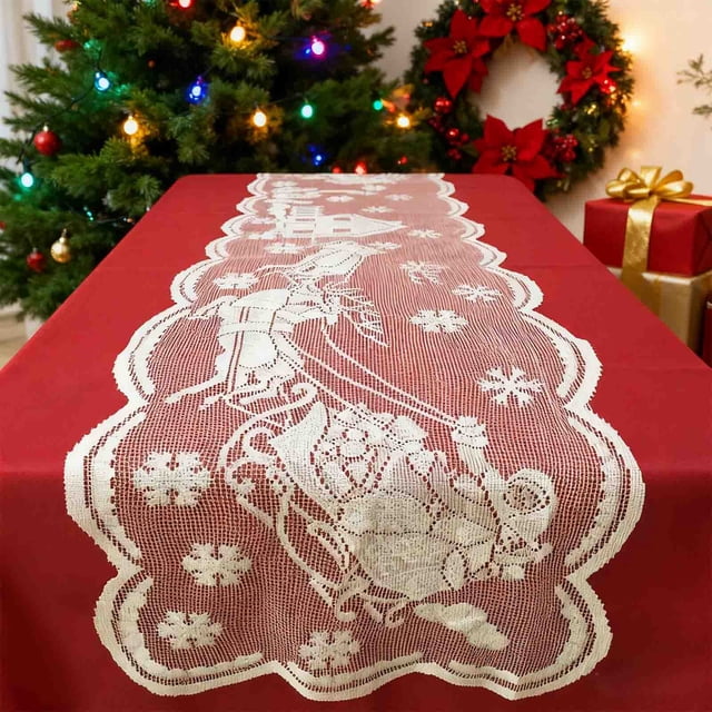 Bandera de Mesa Navideña de Encaje | Mantel de Encaje Calado | Fibra de Poliéster Blanca | 183 X 38 Cm | Decoración Navideña