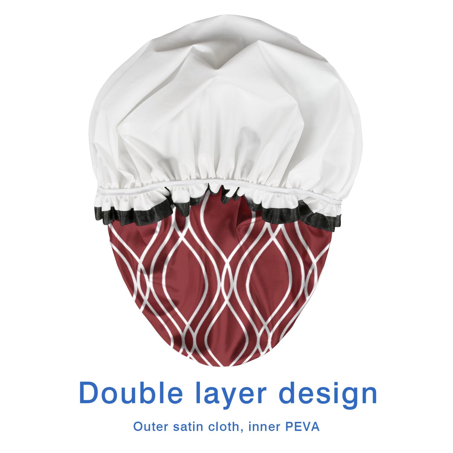 Shower Caps,Burgundy and White Wavy Pattern Waterproof Shower Cap for Women 4 Pieces,Double Reusable Hair Cover for Shower PEVA Elastic Stretch Hem