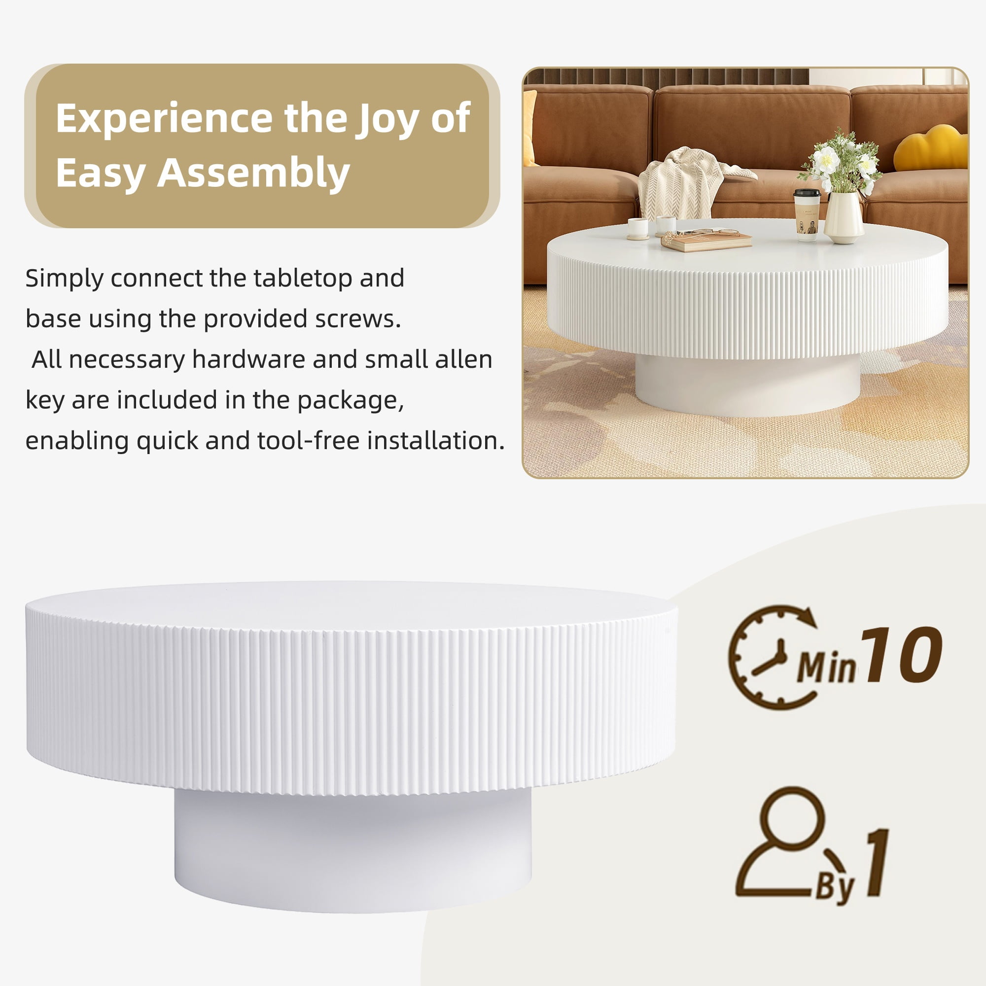 Euroco Coffee Table with 6.8" Thick Tabletop, Modern Drum End Table, Minimalist Fluted Center Table with Sturdy Base for Living Room,31.5"*31.5"*13.7"