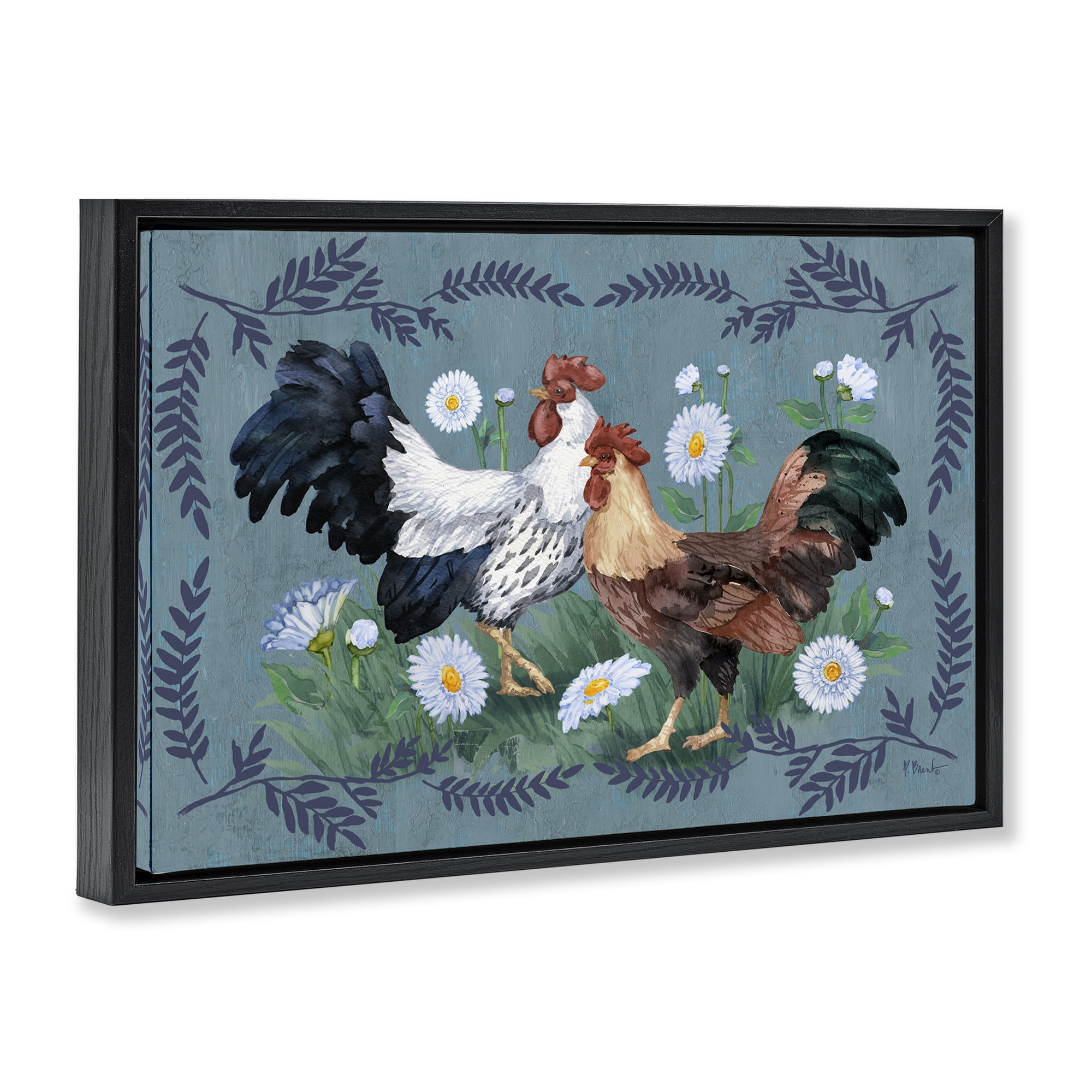 Stupell Industries Roosters with Fern Trim Animals & Insects Painting Black Floater Framed Canvas Art Print Wall Art, 25 x 17