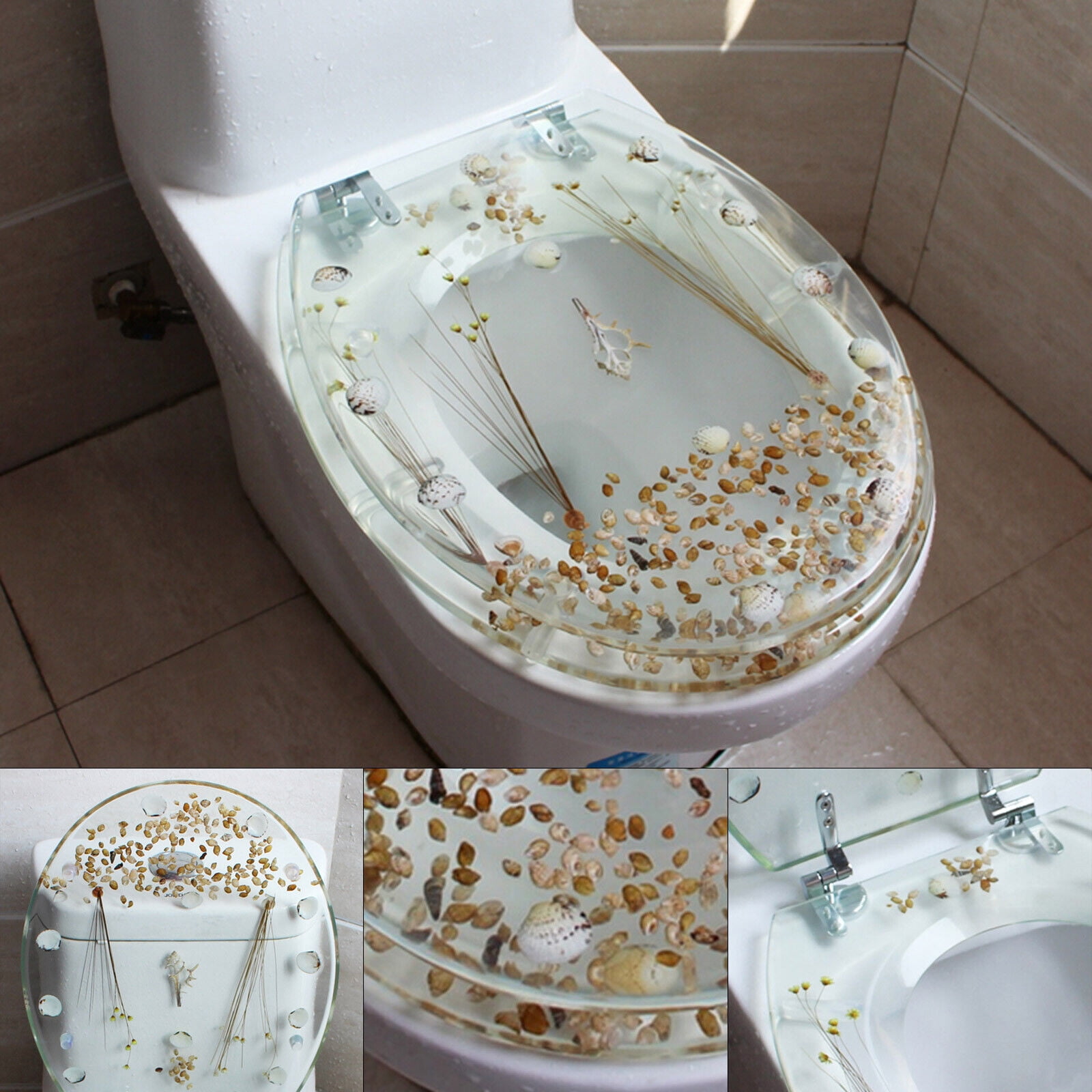 Resin Toilet Seat with Chrome Hinges Sea Shell Design U/V Shape Toilet Seat