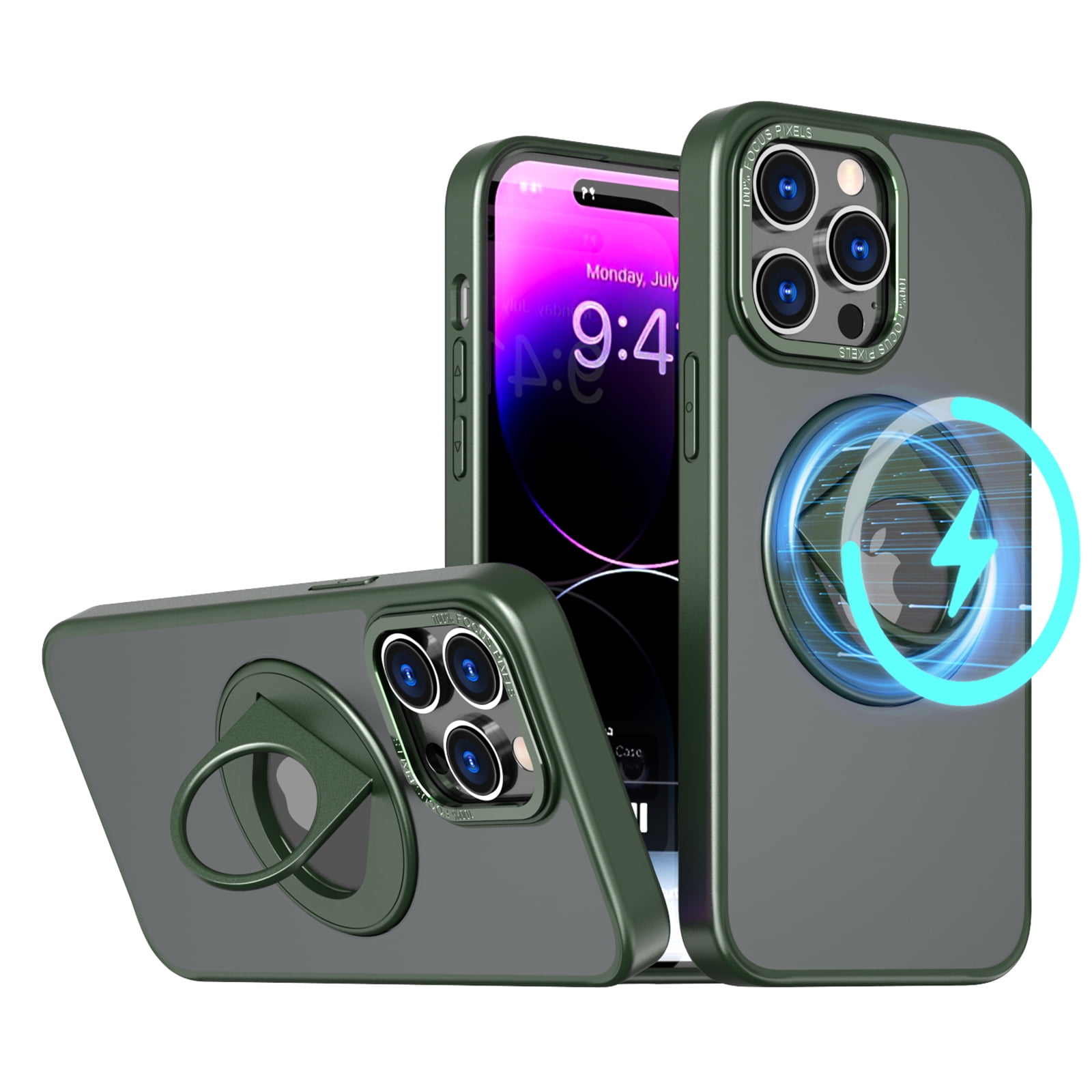 ELEHOLD for iPhone 14 Pro Case Matte Magnetic Clear Back Slim Thin Lightweight with Folding Ring Kickstand Shockproof Protective Case Compatible with Mag Safe for iPhone 14 Pro,green