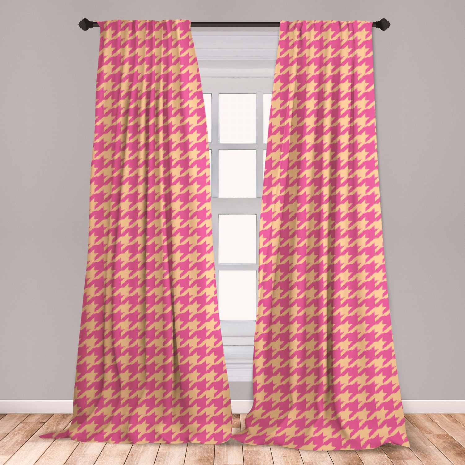 Houndstooth Curtains 2 Panels Set, Hand Drawn Ikat Pattern Traditional