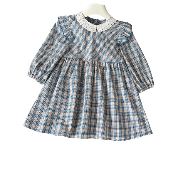Korean Children's Dress 2-7 Y Spring Girls Plaid Lace Collar Princess Dress Cute Flying Sleeve Kid's Clothes