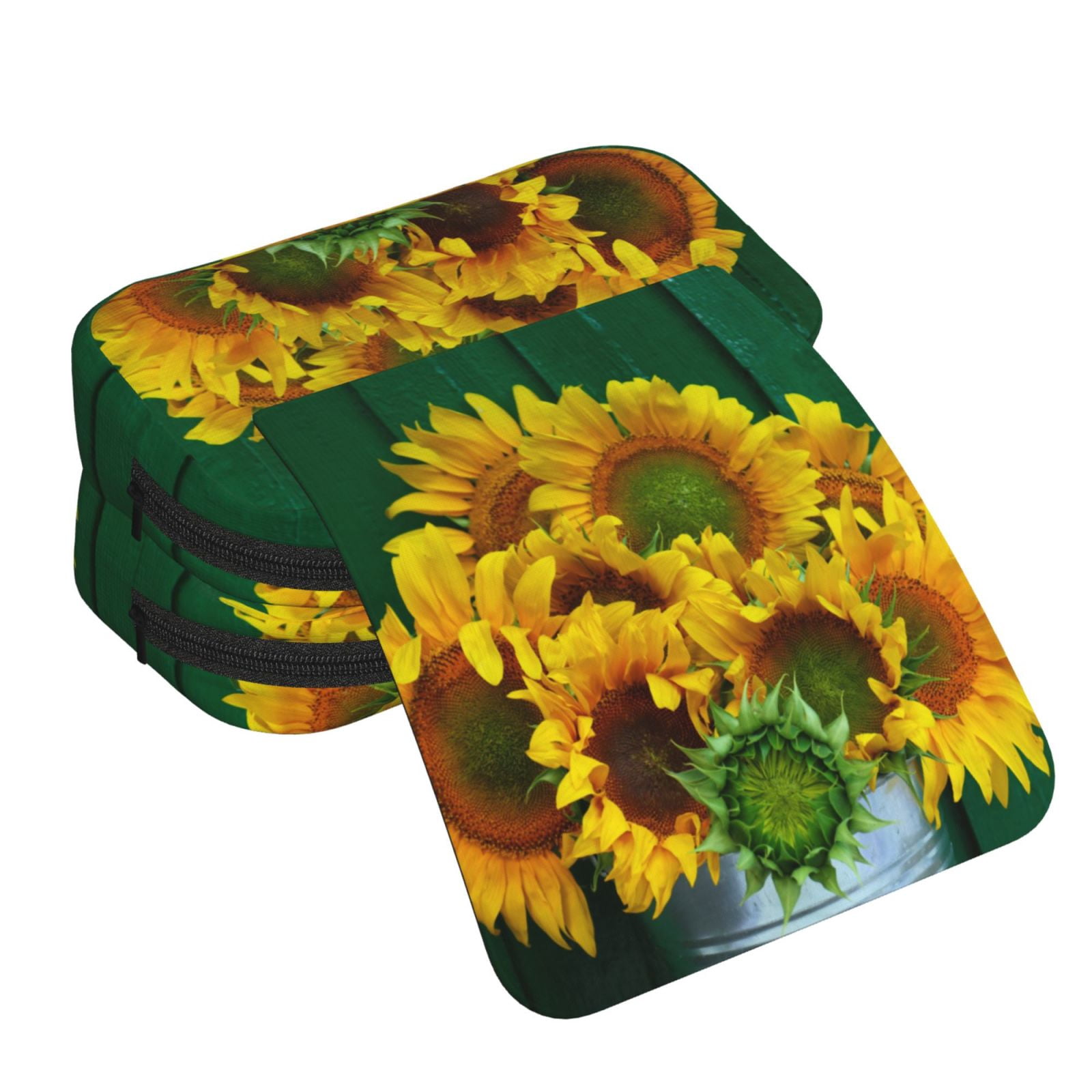 Rateoe Sunflowers in Bucket Pattern Double Clamshell Pen Case, Storage Organizer with Two Zipper Compartments– Holds Up to 50 Pencils & Pens
