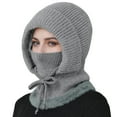 thumbnail image 3 of Women's Winter Hat Scarf Mask Integrated, Fleece Lined Knit Beanie with Face Cover, Windproof Cold Weather Riding Cap, Thermal Ear Protection Hooded Hat for Cycling - Grey, 3 of 7