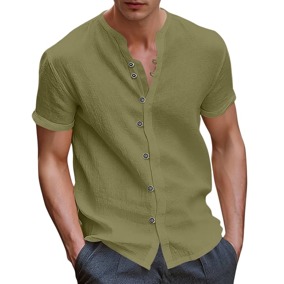 Gaukiv Men's Shirts Band Collar Short Sleeve Linen Blouses Casual Tops Green 2XL