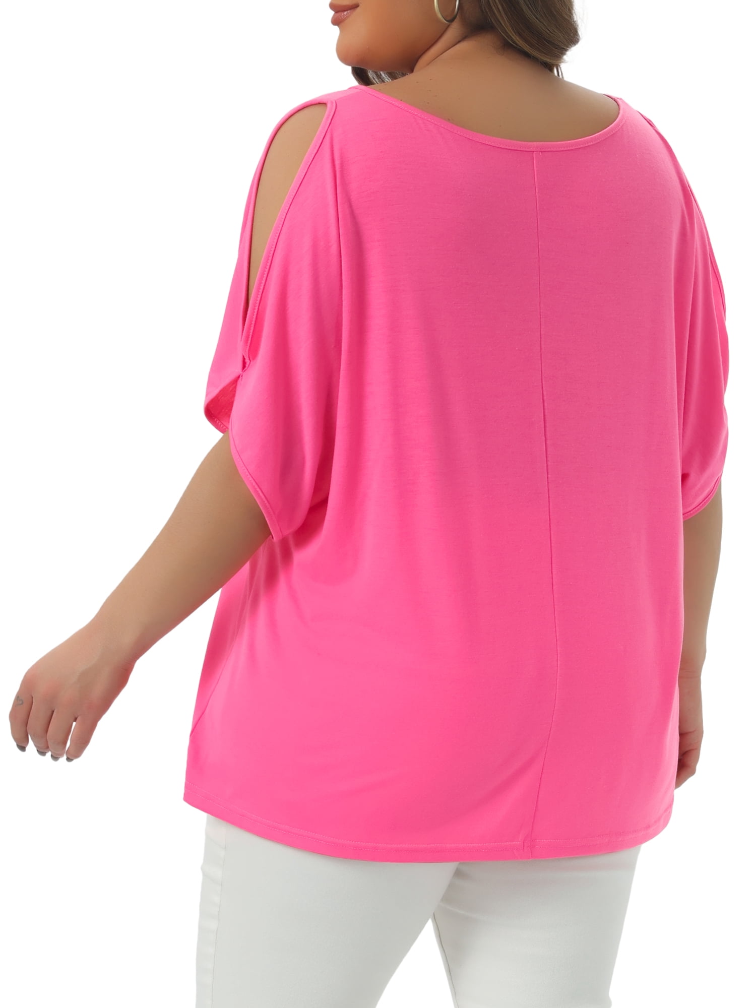 DARING DIVA Women's Plus Casual Crew Neck Cold Shoulder Summer Blouse 2X Pink